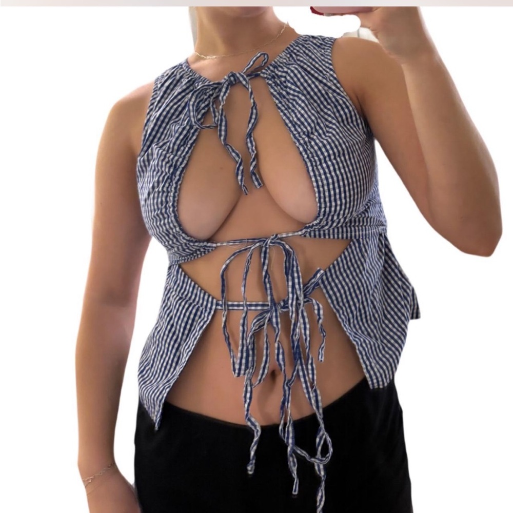 Gingham Tie Cutout Top